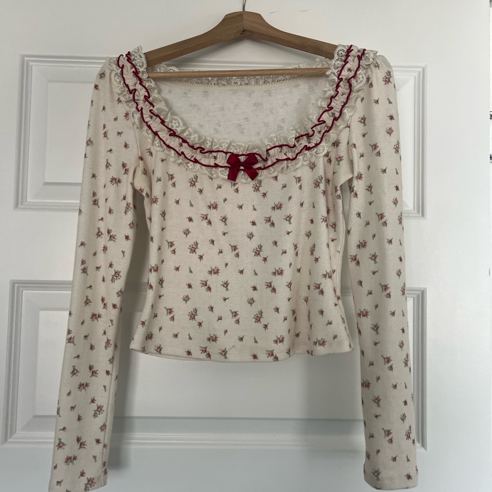 Lacemade Floral Long Sleeve Top with Red Accents